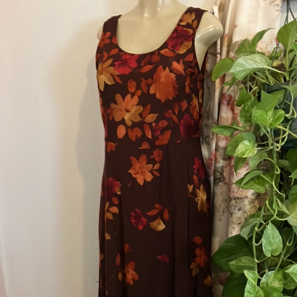 Vintage Dress Rabbit Design Brown Floral Design 2 Piece Orange Tan Red Maxi - Picture 2 of 16